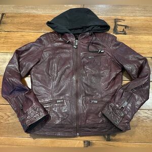 Bod & Christensen Maroon Lambskin Leather Hooded Bomber Jacket Size L